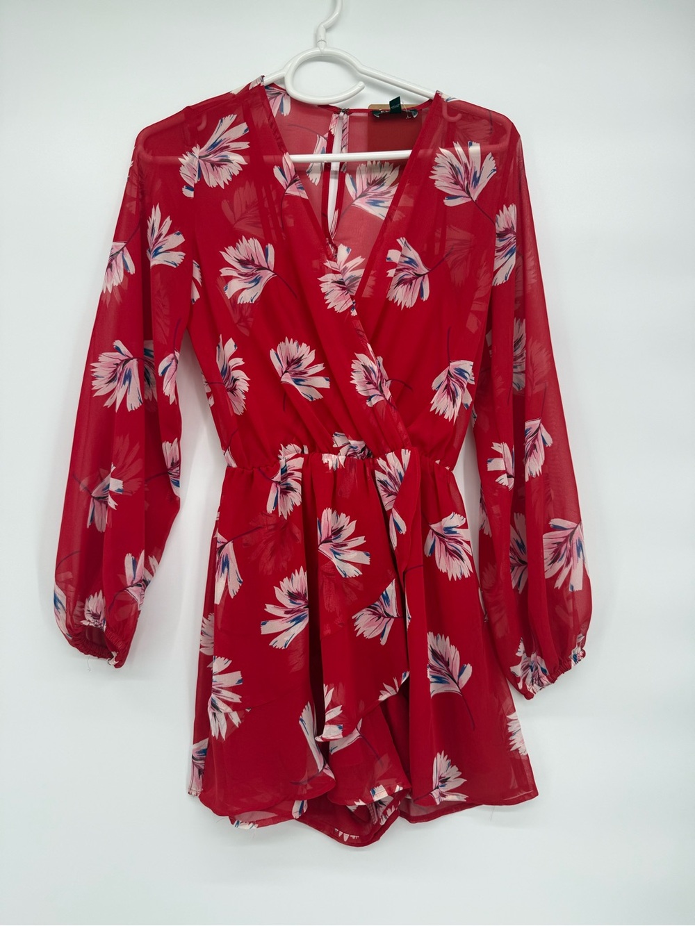 Express Red Floral Wrap Romper with Pink & Blue Accents